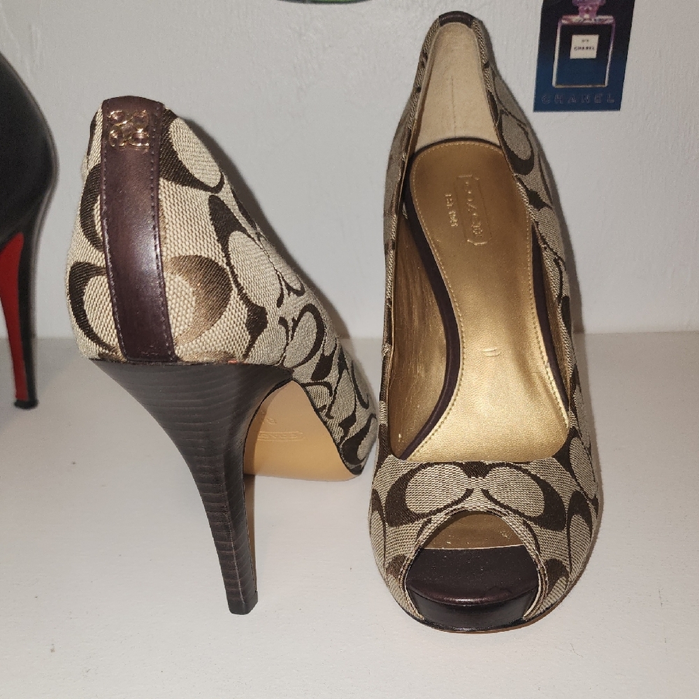 Coach Signature Brown and Cream Peep-Toe Heels